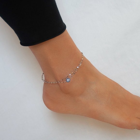 NEW! Real Sterling Silver Evil Eye Double Layer Ankle Bracelet Stamped 925 - Picture 3 of 3
